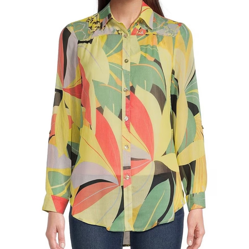 Figueroa & Flower Petite Size Abstract Print Point Collar Long Roll-Tab Sleeve